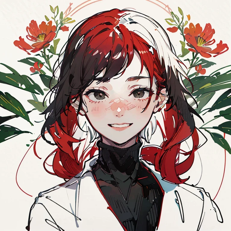 best quality, high resolution, clean background with plants, high contrast, 1 boy, line-drawing, sketch, ((tight medium shot))), white background with plants, clean line drawingringe hairstyle), (naughty face), smile face, (((turtleneck))), (((darkred-haired)))), (Mashed Hair), ((black eyescolor:1.2)), white skin, cute, handsome, adult, blushing