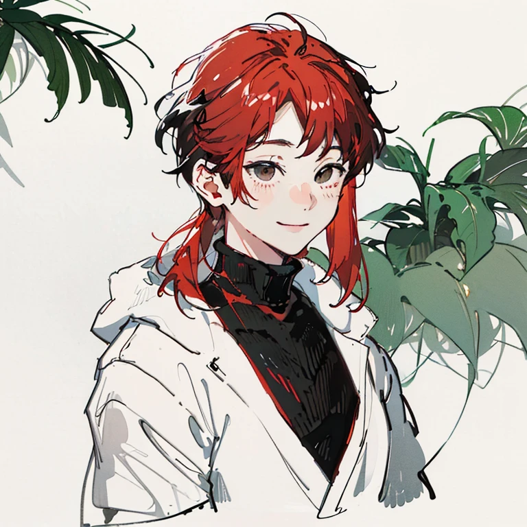 best quality, high resolution, clean background with plants, high contrast, 1 boy, line-drawing, sketch, ((tight medium shot))), white background with plants, clean line drawingringe hairstyle), (naughty face), smile face, (((turtleneck))), (((darkred-haired)))), (Mashed Hair), ((black eyescolor:1.2)), white skin, cute, handsome, adult, blushing