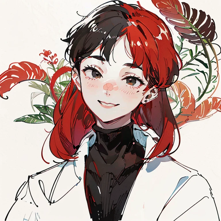 best quality, high resolution, clean background with plants, high contrast, 1 boy, line-drawing, sketch, ((tight medium shot))), white background with plants, clean line drawingringe hairstyle), (naughty face), smile face, (((turtleneck))), (((darkred-haired)))), (Mashed Hair), ((black eyescolor:1.2)), white skin, cute, handsome, adult, blushing