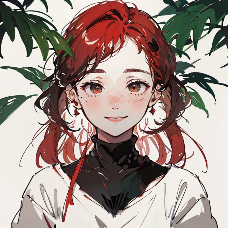 best quality, high resolution, clean background with plants, high contrast, 1 boy, line-drawing, sketch, ((tight medium shot))), white background with plants, clean line drawingringe hairstyle), (naughty face), smile face, (((turtleneck))), (((darkred-haired)))), (Mashed Hair), ((black eyescolor:1.2)), white skin, cute, handsome, adult, blushing