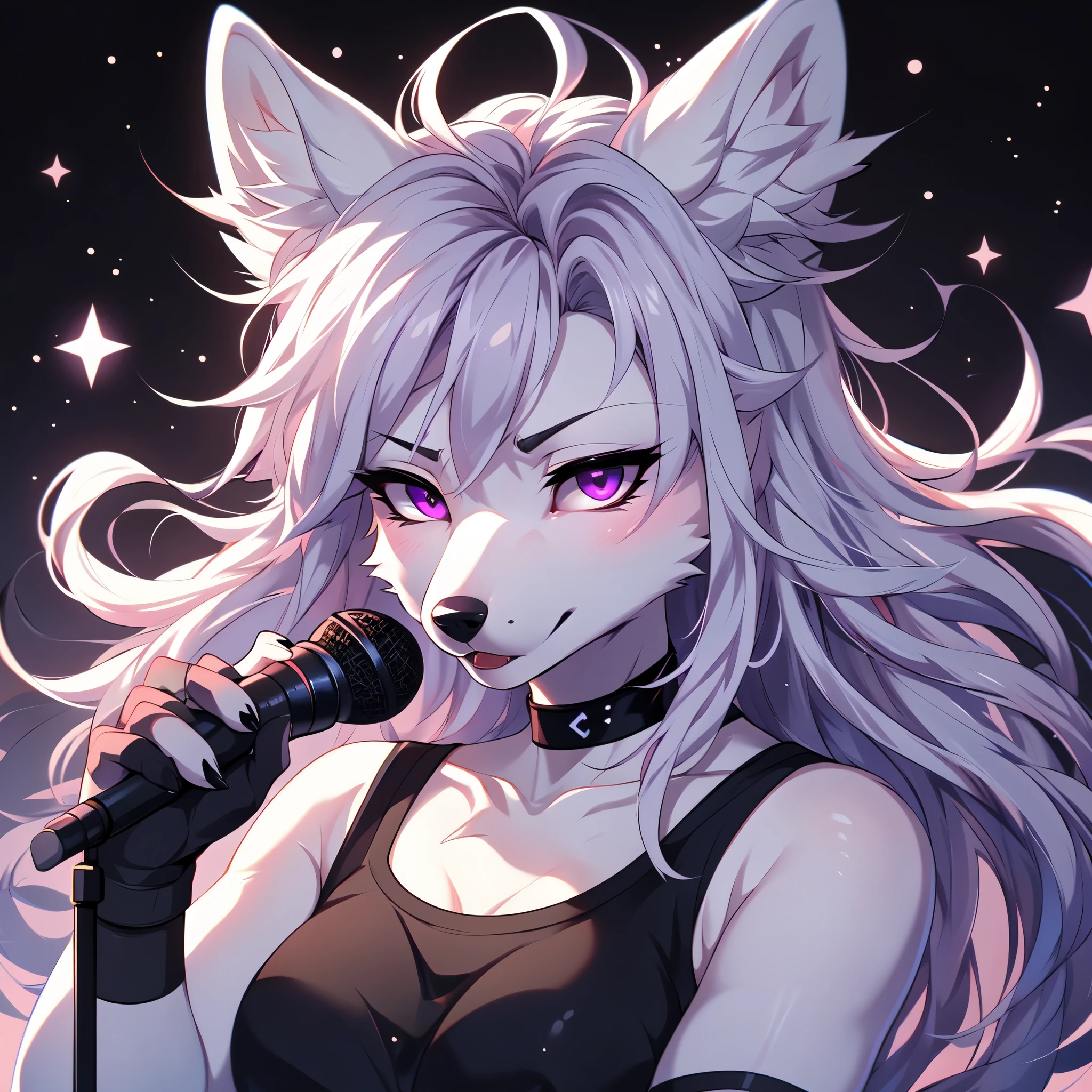  by fumiko, by hyattlen, by hioshiru, an all while female wolf, white wolf ears, cute snout, black nose, purple eyes, long white hair, mouth slightly open, serious face, determined expression, wearing black shirt, black choker, black fingerless gloves, holding a microphone, front view , tilting her head down