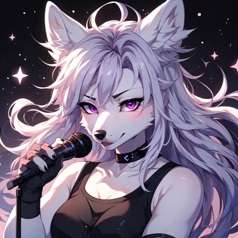  by fumiko, by hyattlen, by hioshiru, an all while female wolf, white wolf ears, cute snout, black nose, purple eyes, long white...