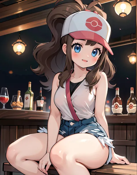 (best quality, highres, masterpiece:1.2), ultra-detailed, realistic:1.37, sketches, hilda pokemon, def1, teenage girl, sitting on her knees, curvy, visible thighs, chubby thighs, thick thighs, thighs in the foreground, body shape, in a bar, curious look, p...