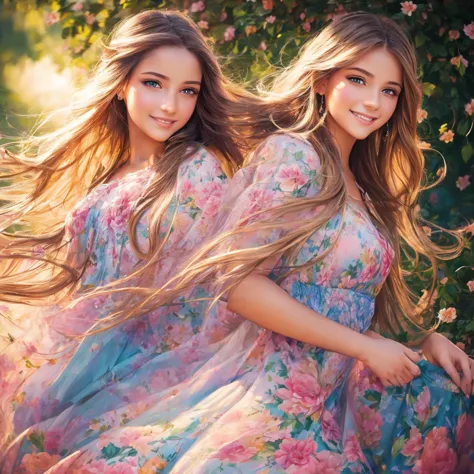 beautiful girl, realistic painting, flowing floral dress, radiant smile, long flowing hair, captivating eyes, high quality, real...