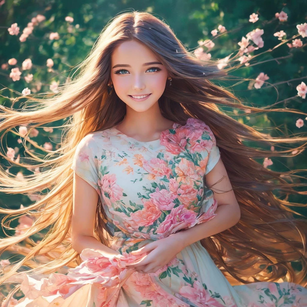 beautiful girl, realistic painting, flowing floral dress, radiant smile, long flowing hair, captivating eyes, high quality, realistic, vibrant colors, soft lighting, detailed features, elegant, traditional art style, pastel tones, enchanting aura, natural beauty