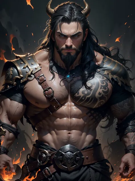 Viking warrior piercing！Strong pectoral muscles！strong calves！, finely sculpted eyes,hairy breasts! surrounded by suggestive dar...