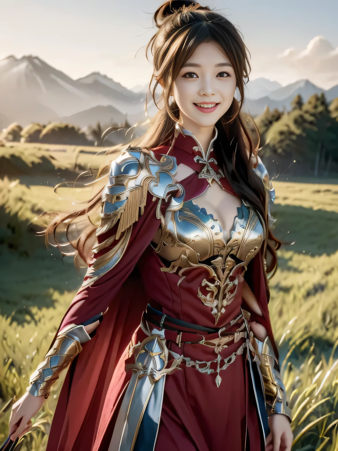 Chinese female general，Saffron Hufu，Detail the eyes，Crimson cape，metal breastplate，Breasts are full and erect，Gold hairband，majestic，Smile（open mouth）（The corners of the mouth are raised），、（Hair in a bun：1.5），（Hair bun raised high）。wilderness background（grassland background）