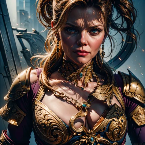 Epic Beautiful painting of Michelle Pfeiffer as perfect gorgeous female warrior, shapeless long fullbody, perfect features, (wea...