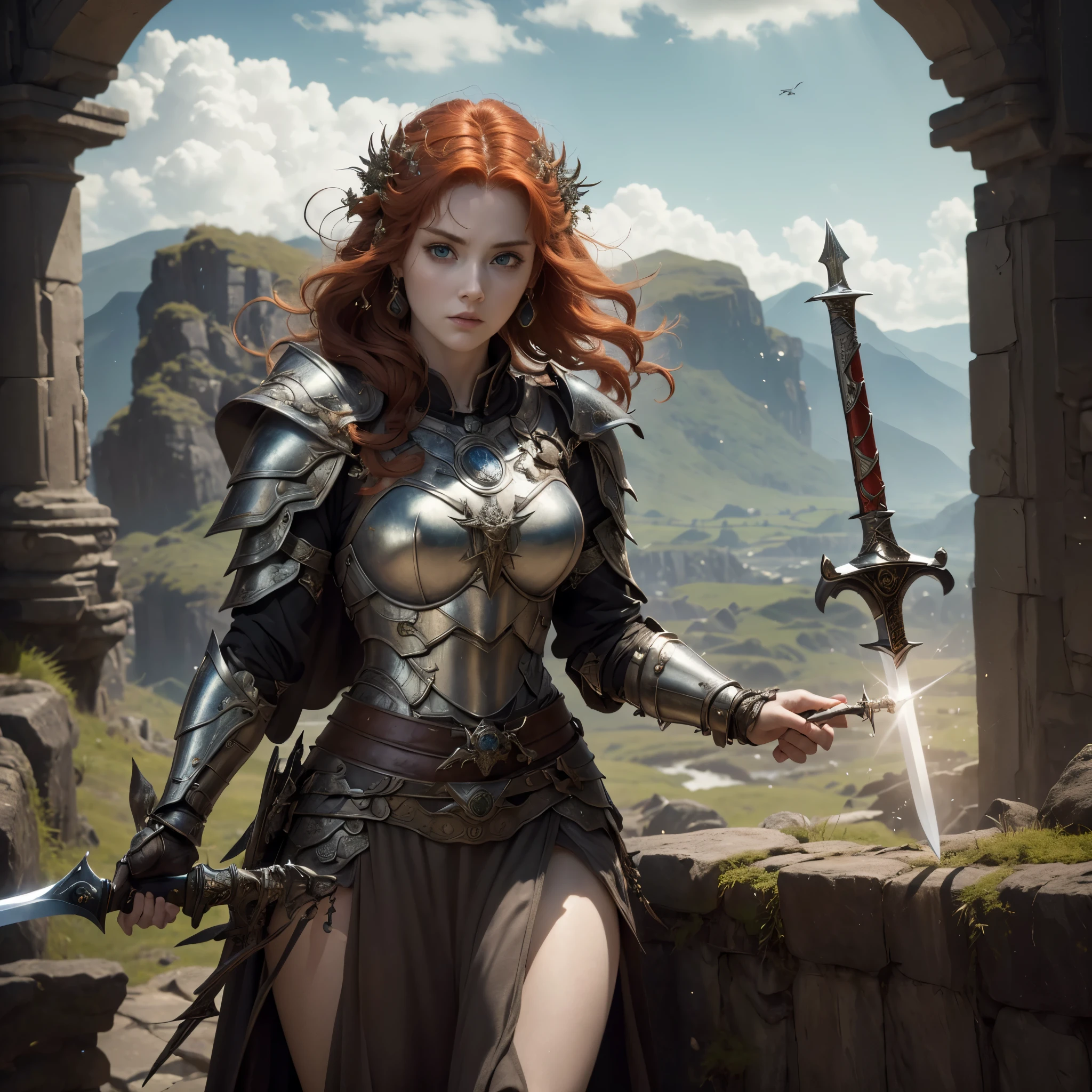 (best quality,4k,8k,highres,masterpiece:1.2),ultra-detailed, 1woman, Irish goddess Brigid, Auburn hair, Iron armor over druid robes, forging a sword, determined eyes, drawn in the style of Yoshitaka Amano, sks woman, HDR, 8k, absurdres, cinestill 800, sharp focus