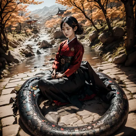 black scales(best quality,4k,8k,highres,masterpiece:1.2),ultra-detailed, Korean Goddess Eopsin, Kim Go-eun, wearing red Hanbok, ...