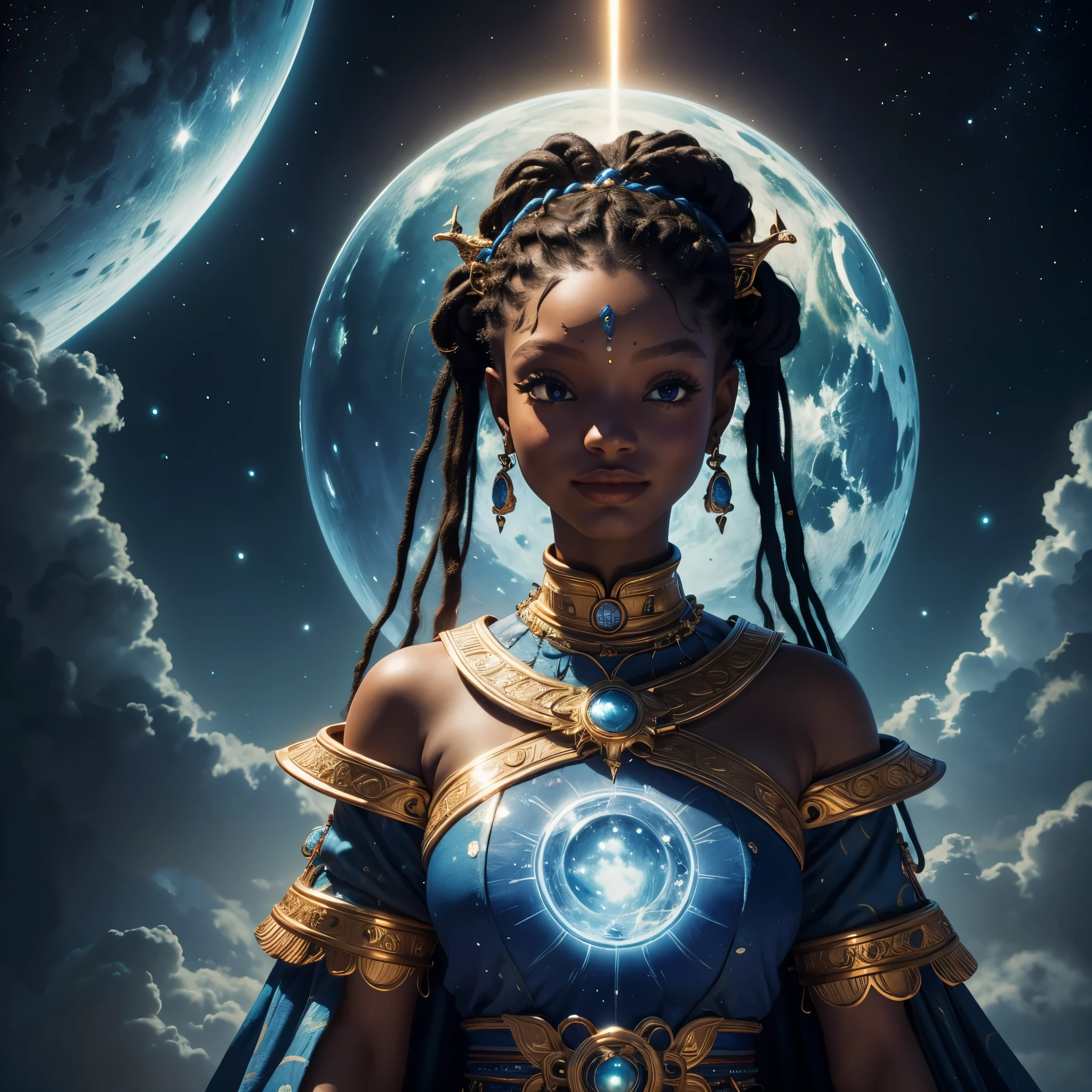 (best quality,4k,8k,highres,masterpiece:1.2),ultra-detailed, 1woman, Akan Goddess Onyame, hallebailey, West African features, Tall, Symmetrical face, smiling, looking at viewer, nighttime, bright blueish moonlight, drawn in the style of Yoshitaka Amano, HDR, 8k, absurdres, cinestill 800, sharp focus