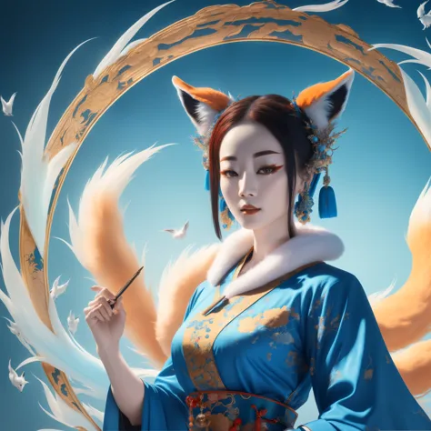 (best quality,4k,8k,highres,masterpiece:1.2),ultra-detailed, Chinese fox spirit Su Daji, blue traditional Chinese dress, HDR, 8k...