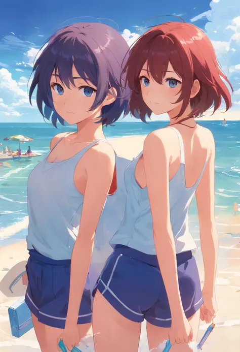 Two anime girls in matching outfits standing on the beach - SeaArt AI