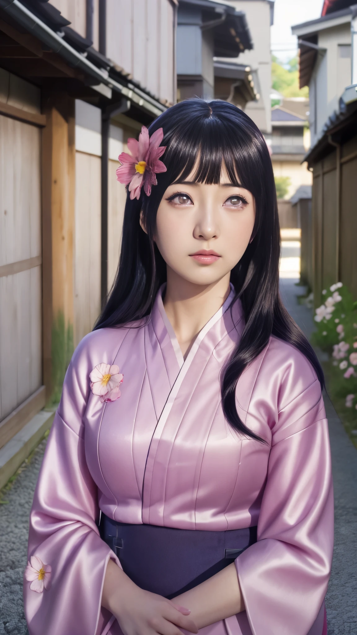 anime girl with white eyes in kimono outfit standing in alley with flowers in hair, hinata hyuga, hanayamata, shikamimi, anime visual of a young woman, anime visual of a cute girl, hinata hyuga from naruto, kotegawa yui, anime portrait of shiina ringo, anime waifu, hana yata, misato katsuragi