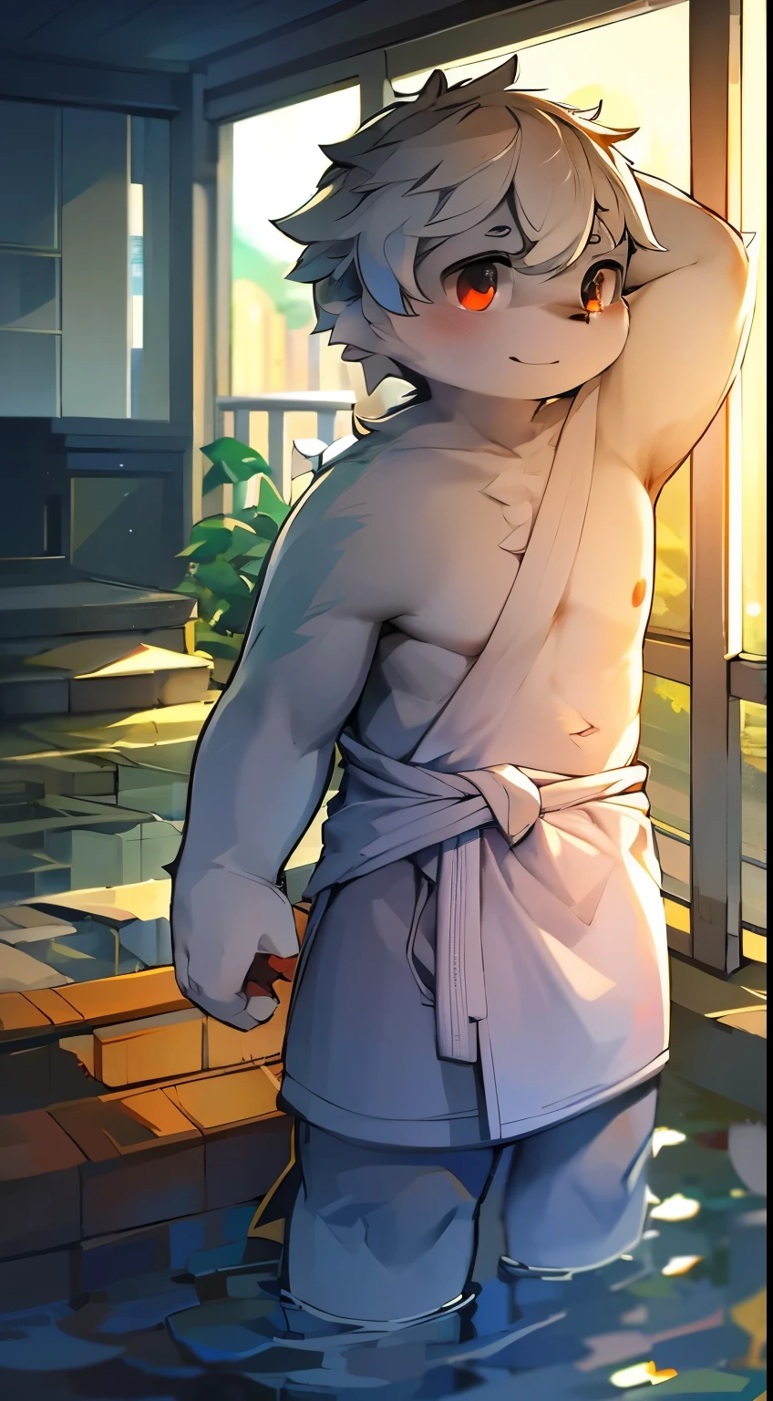 Anime boy in a bathrobe standing in a bathroom with a window - SeaArt AI