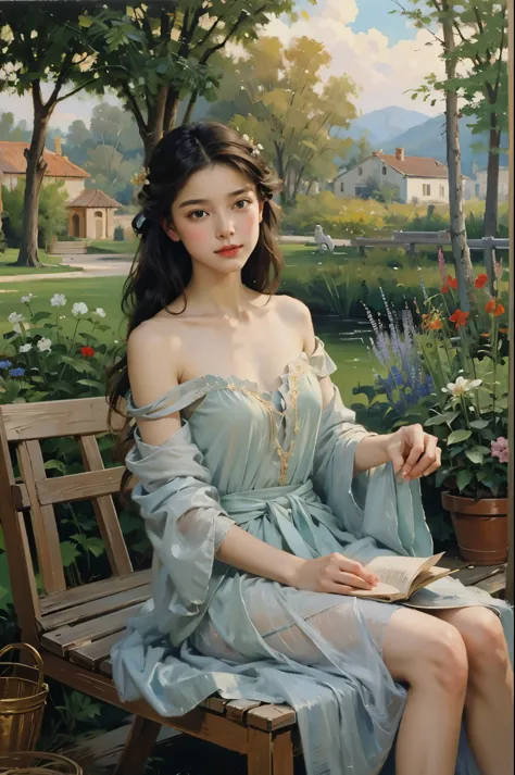 (masterpiece), (best quality), oil_painting, classical painting, 1girl, portrait, bare shoulder, dress, earth tone, outdoor, gar...