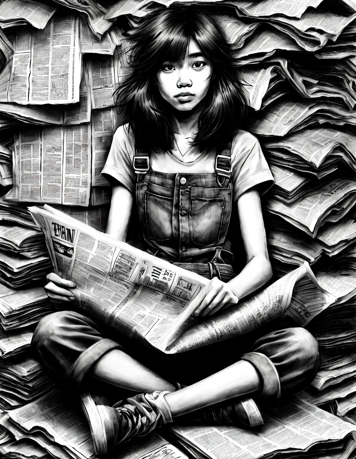 (Graphite drawing: 1.3), (Girl sitting cross-legged on mountain of old newspapers in basement), (She&#39;s wearing denim suspenders), young wild asian face, A bit of a mixed race face, (closure), (Slightly square chin: 0.4), (Lazy), A bit like Vivian, perfect face, Slightly narrowed slender eyes, like fox eyes, Sneakers background: The dilapidated walls are covered with many old newspapers,
90's anime style, Bold silhouette, Graphic arts, line art, black and white flat colors, black and white, line art with pen pressure, Pen pressure sketch, Calligraphy pen with pen pressure, G pen style，With pen pressure, Hand drawn thick lines, monochrome style, high contrast, IG model, artistic sprout,