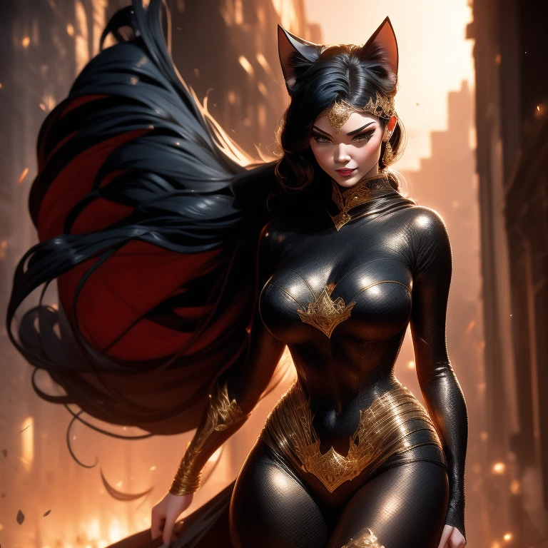 A captivating Catwoman figure, boasting generous assets, leans against the cold brick wall of an abandoned alley. The velvety fabric of her iconic suit clings to her curvaceous figure, revealing the allure of her ample cleavage. Her seductive green eyes gleam in the dimly lit street, a sly smile playing at the corner of her mouth. Her agile form exudes an air of mystery and temptation, beckoning the viewer deeper into the night. The intricate details of the suit's texture and the glossy finish of her feline ears add to the masterpiece of this art piece. The scene is a stunning blend of realism and fantasy