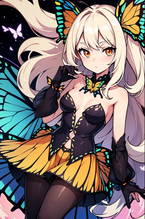 1girl, (butterfly ears:1.1), (platinum blonde hair), (curly hair), (long hair), (pale orange eyes), (dynamic pose), (colorful idol costume), (monarch butterfly), (mini skirt), (black pantyhose), (butterfly wings:1.3), (dynamic angle), more_details:-1, more...