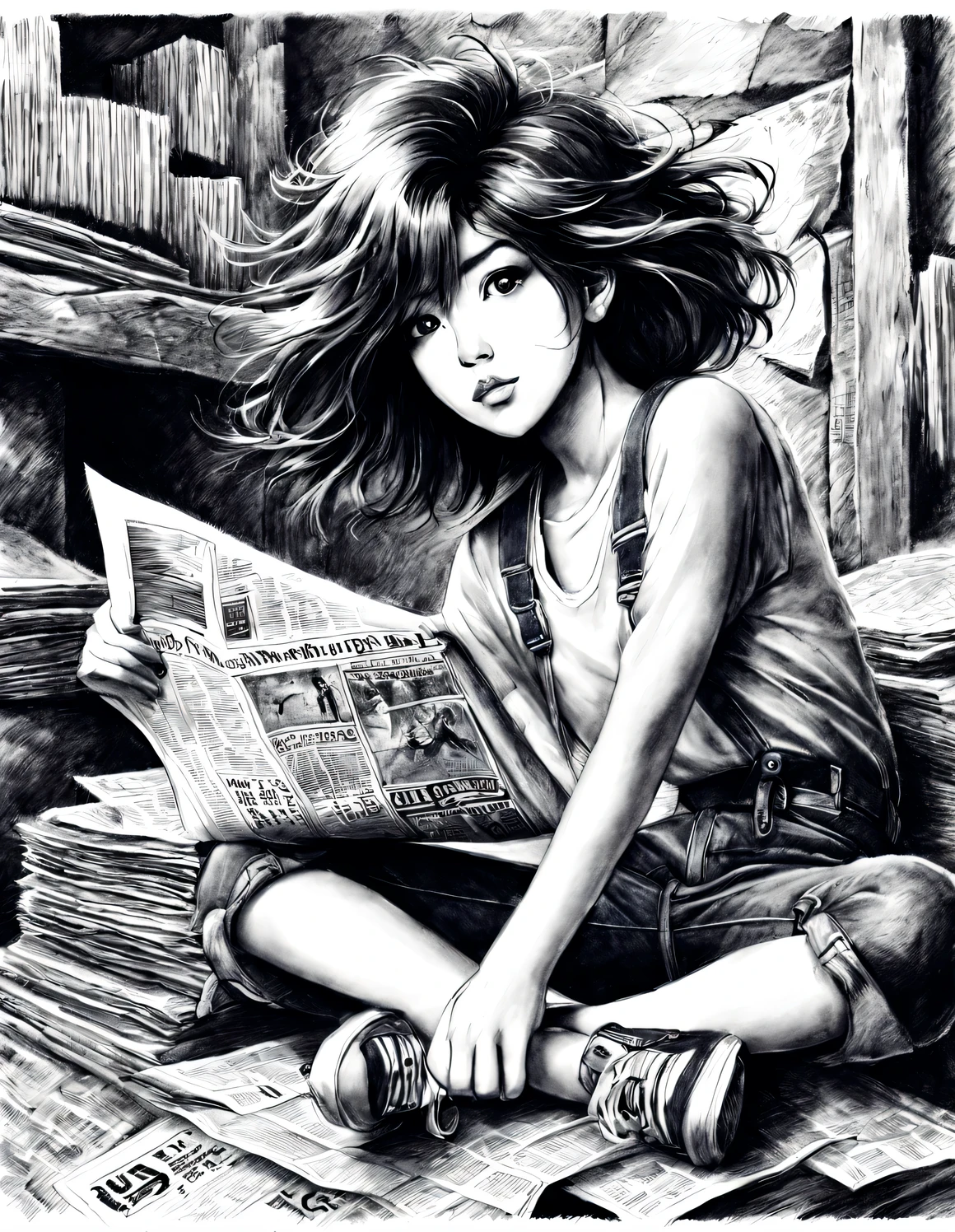 (Graphite drawing: 1.3), (Girl sitting cross-legged on mountain of old newspapers in basement), (She&#39;s wearing denim suspenders), young wild asian face, A bit of a mixed race face, (closure), (Slightly square chin: 0.4), Messy extra-long hair, (Lazy), A bit like Vivian, perfect face, Slightly narrowed slender eyes, sports shoes, background: The basement is covered with many old newspapers and dilapidated walls, 90's anime style, Bold silhouettes, Graphic arts, line art, black and white, line art with pen pressure, Pen pressure sketch, Calligraphy pen with pen pressure, G pen style，With pen pressure, Hand drawn thick lines, high contrast, IG model,