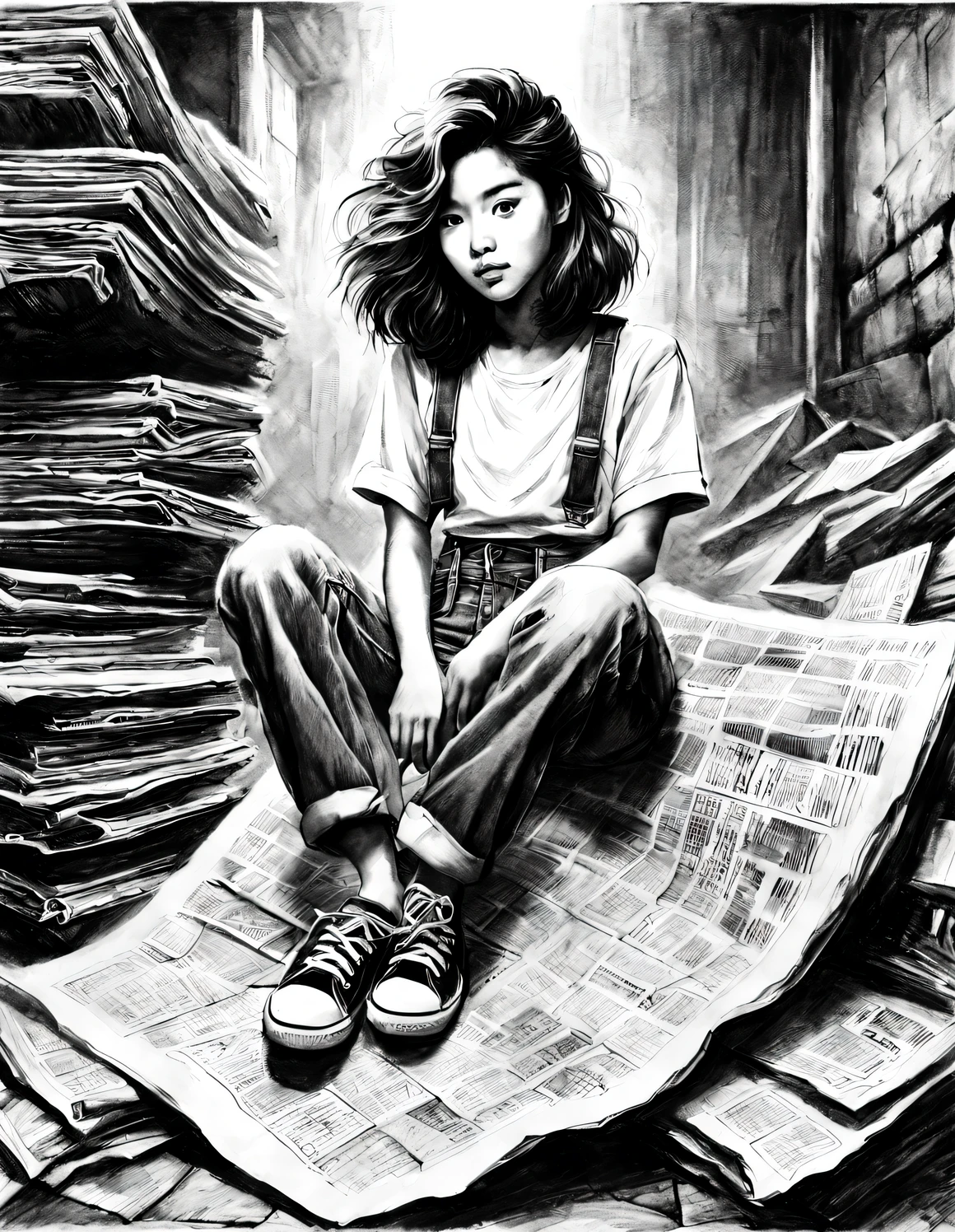 (Graphite drawing: 1.3), (Girl sitting cross-legged on mountain of old newspapers in basement), (She&#39;s wearing denim suspenders), young wild asian face, A bit of a mixed race face, (closure), (Slightly square chin: 0.4), Messy extra-long hair, (Lazy), A bit like Vivian, perfect face, Slightly narrowed slender eyes, sports shoes, background: The basement is covered with many old newspapers and dilapidated walls, 90's anime style, Bold silhouettes, Graphic arts, line art, black and white, line art with pen pressure, Pen pressure sketch, Calligraphy pen with pen pressure, G pen style，With pen pressure, Hand drawn thick lines, high contrast, IG model,