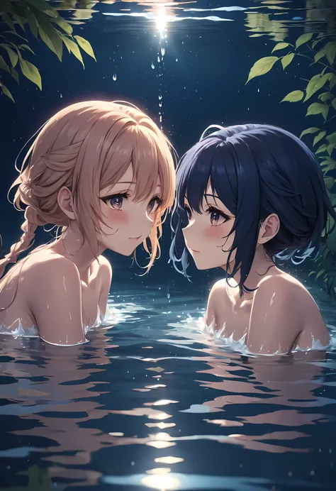 Perfect face,detailed cgi anime art,2 girls soaking in hot spring at night,blush,chatting passionately,waterdrops on skin,naked,(((bodies sunk down in the water))),reflection of water surface