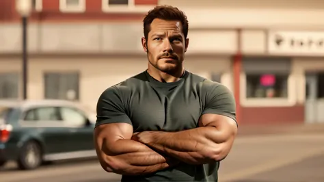 arafed man with arms crossed standing in front of a building, muscular character, inspired by Samu Börtsök, muscular male hero, manly monster tough guy, chris pratt as super mario, chris pratt as mario, chris pratt ancient corsican, chris pratt, handsome m...