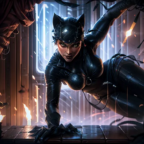 A captivating Catwoman figure, boasting generous assets, leans against the cold brick wall of an abandoned alley. The velvety fa...