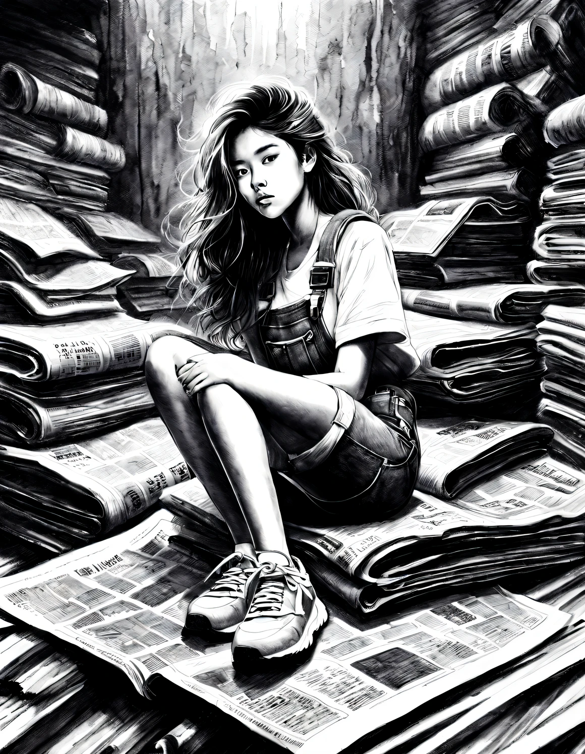 (Graphite drawing: 1.3), (Girl sitting cross-legged on mountain of old newspapers in basement), (She&#39;s wearing denim suspenders), young wild asian face, A bit of a mixed race face, (closure), (Slightly square chin: 0.4), Messy extra-long hair, (Lazy), A bit like Vivian, perfect face, Slightly narrowed slender eyes, sports shoes, background: The basement is covered with many old newspapers and dilapidated walls, 90's anime style, Bold silhouettes, Graphic arts, line art, black and white, line art with pen pressure, Pen pressure sketch, Calligraphy pen with pen pressure, G pen style，With pen pressure, Hand drawn thick lines, high contrast, IG model,