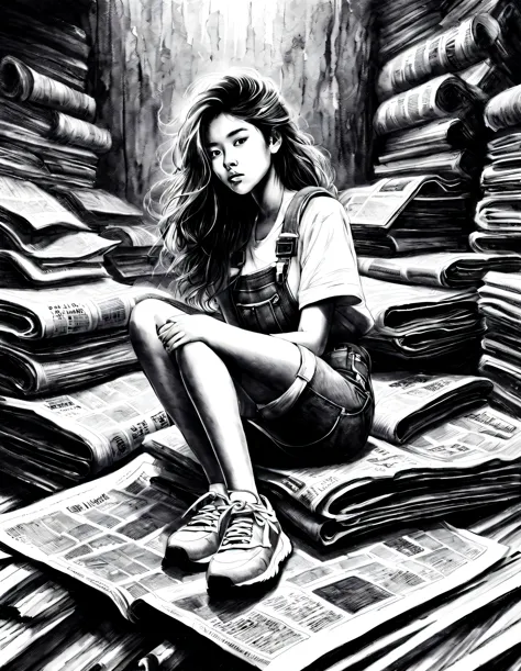 (Graphite drawing: 1.3), (Girl sitting cross-legged on mountain of old newspapers in basement), (She&#39;s wearing denim suspend...