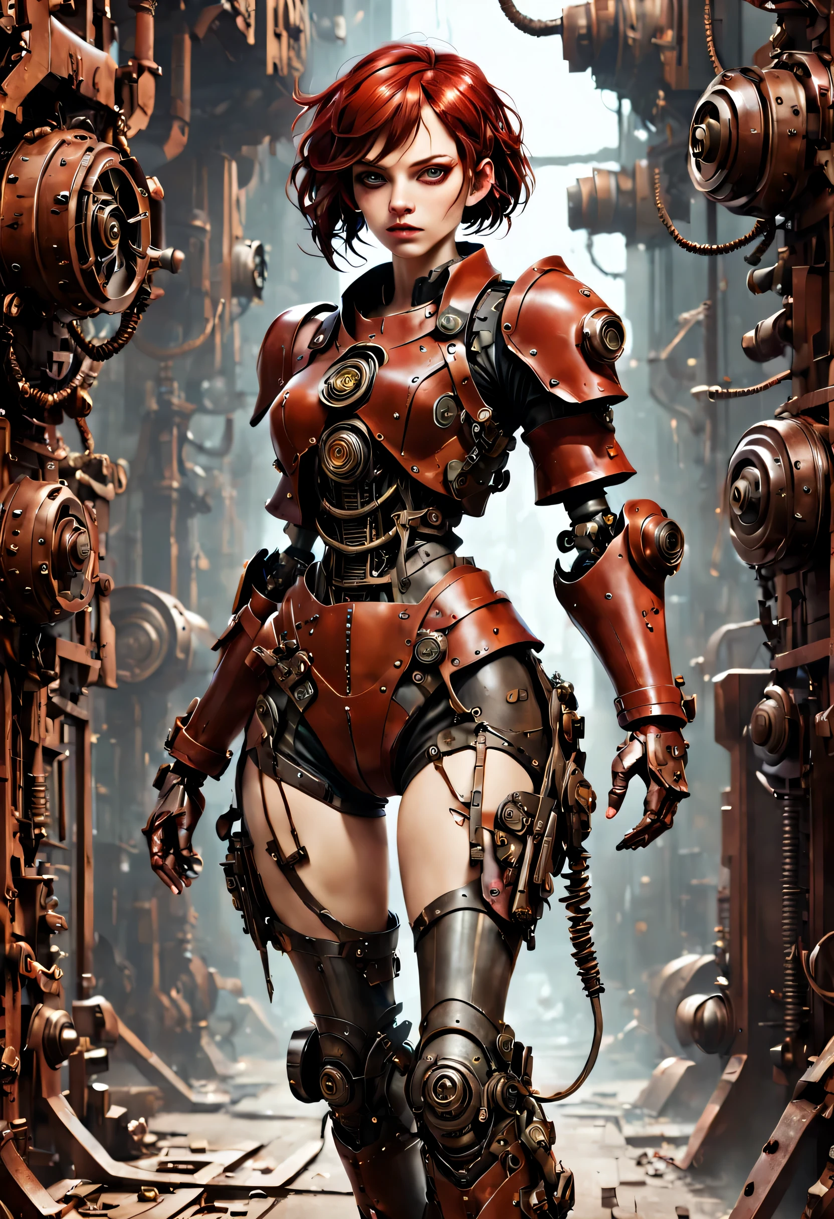 obra de arte,melhor qualidade,Arte oficial, Papel de parede CG unificado 8k extremamente detalhado,ridículo,8k escuro_fantasia,((dieselpunk)),(Capa do álbum Mechanical,Uma garota de corpo inteiro,vermelho:1.1),1 pessoa,Maravilhas mecânicas complexas e detalhadas,Presença robótica,guardiões cibernéticos,wearing tattevermelho exoskeleton,Complex mazes,(metal de aço [oxidado]),elegante,foco nitído,Foto de Grzegorz Rutkovsky,luz suave,cores brilhantes,obra de arte,((Rua)),Tiro de vaqueiro,poses dinâmicas