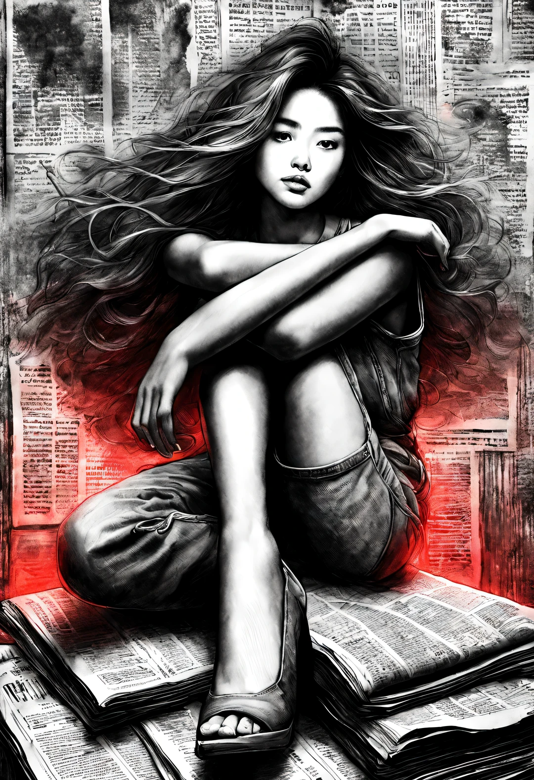 (Graphite painting), (Girl sitting cross-legged on mountain of old newspapers in basement), (She&#39;s wearing denim camisole pants), (She has a young and wild Asian face, Slightly mixed face shape, (closure), (Slightly square chin: 0.4), Messy extra-long hair, (Lazy), A bit like Vivian, perfect face, Slightly narrowed slender eyes, sports shoes, and the only dim red light from the ceiling chandelier,
background: The basement is covered with many old newspapers and dilapidated walls,
90's anime style, Bold silhouettes, Graphic arts, line art, black and white, line art with pen pressure, Pen pressure sketch, Calligraphy pen with pen pressure, G pen style，With pen pressure, Hand drawn thick lines, high contrast, IG model,