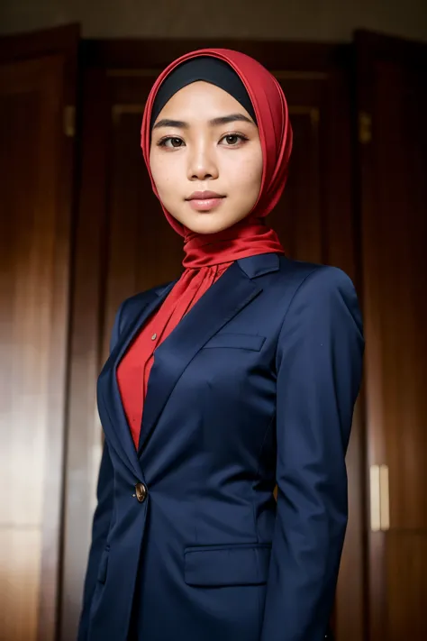 portrait of javanese girl,solo,20yo,beautiful face,upper body,hijabi,medium sidecut, sharp focus,business suit