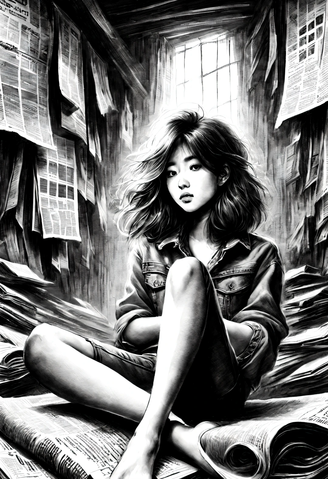 (Graphite painting), (Girl sitting cross-legged on mountain of old newspapers in basement), (She&#39;s wearing denim camisole pants), (She has a young and wild Asian face, Slightly mixed face shape, (closure), (Slightly square chin: 0.4), Messy extra-long hair, (Lazy), A bit like Vivian, perfect face, The slender eyes narrowed slightly, sports shoes, (The ceiling chandelier emits only a faint red light: 1.0),
background: The basement is covered with many old newspapers and dilapidated walls,
90's anime style, Bold silhouettes, Graphic arts, line art, black and white, line art with pen pressure, Pen pressure sketch, Calligraphy pen with pen pressure, G pen style，With pen pressure, Hand drawn thick lines, high contrast, IG model,