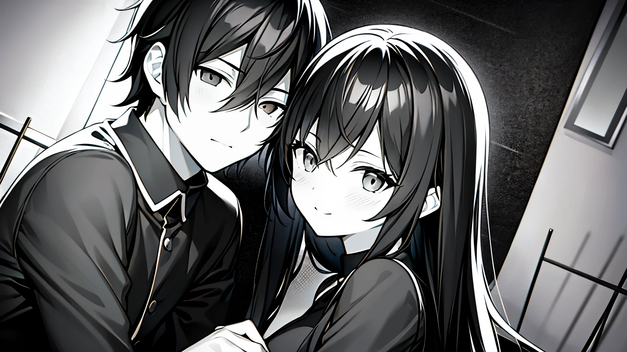 Anime couple in black and white photo with a black background - SeaArt AI