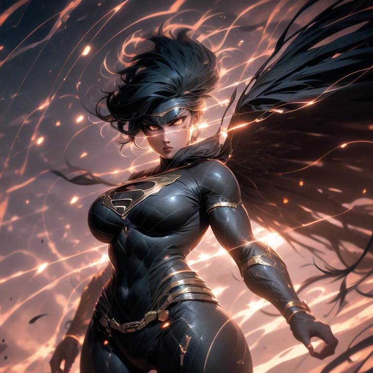 (1girl), (Iconic HawkgirL), in focus, photograph, (stylized, comic-book realism), (full body shot), wings spread wide, chest area accentuated, big breasts, detailed musculature, defined arms, wings feathers ruffled, intense gaze, red and gold armor, golden hoop earrings, bold black eyes, textured skin, intricate details, high quality, vibrant colors, comic book art style, dynamic pose.