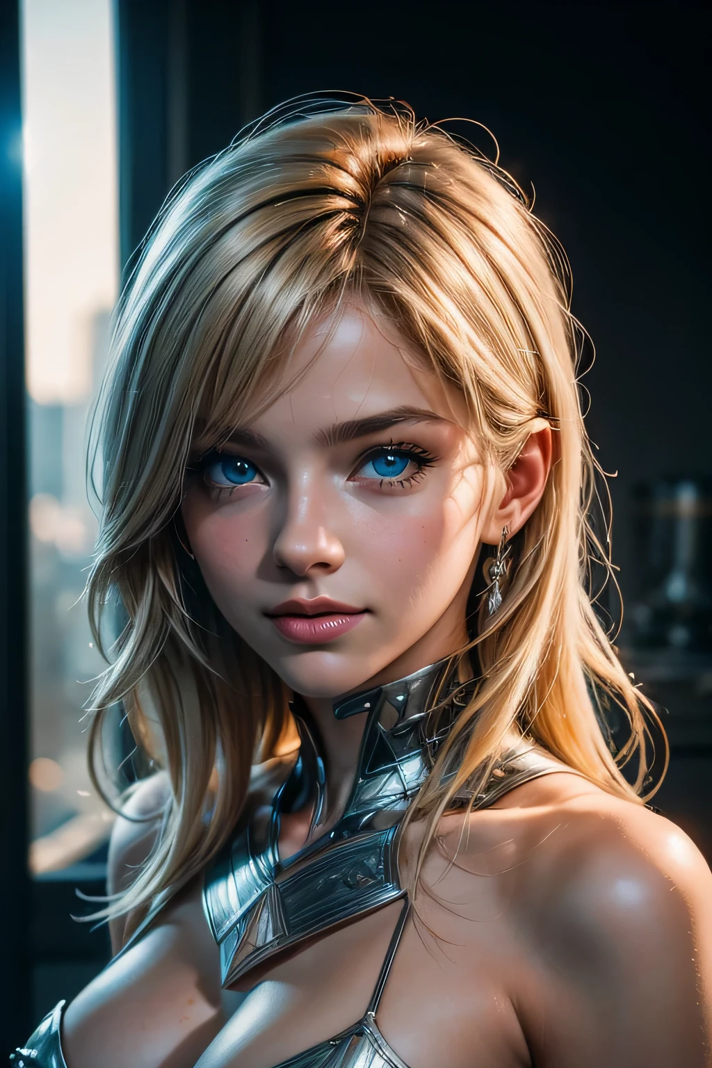 (body postrait:1.4), UHD, Masterpiece, textured skin, super detailed, high quality, award wining, best quality cinematic lighting, sexy gaming girl, playing game, blonde hair, (blue-eyed girl), highly detailed glossy eyes, light smile, portrait photo of a 18-year-old girl, medium breasts, (looking at the camera), specular lighting, dslr, ultra quality, sharp focus, tack sharp, dof, film grain, (centered), Fujifilm XT3, crystal clear, center of frame, cute face, sharp focus, detailed skin pores