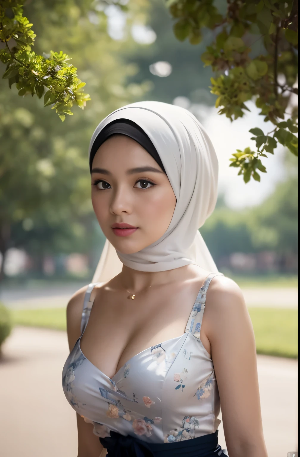 brownies, sky,moon, (Close-up of the painting style，ultra hd 8k，Masterpiece grade CG wallpaper)，Cinematic lighting，cute girly，Delicate and beautiful face，Dreamy pupils，Wearing nekomaid,round waist,hijabi,Bust poem,Sit，Cloudy background,the trees,florals,summer,Chinese style buildings, cleavage, magical