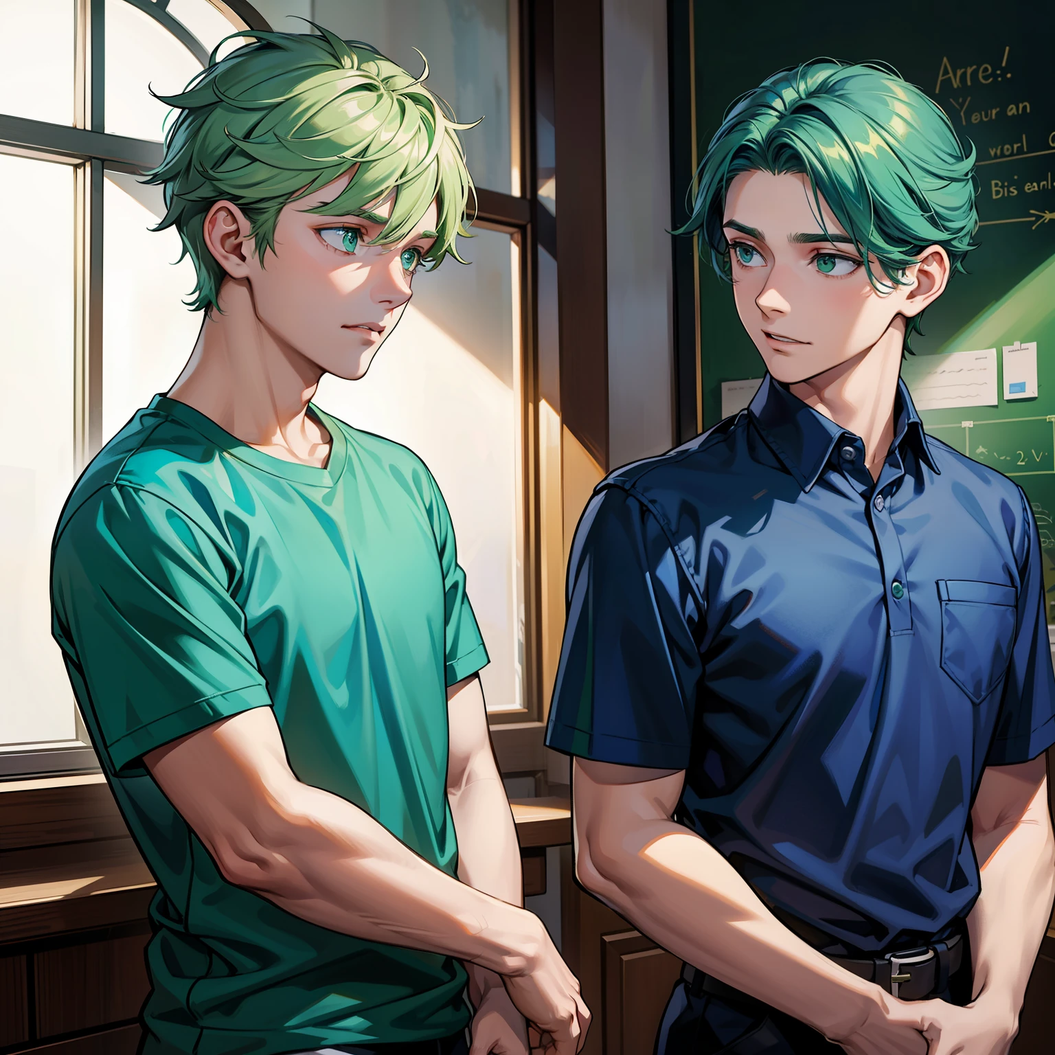 two handsome boys in blue shirts, they are 14 years old, they are at school, they are talking about something important, they are serious, they are worried, they have green hair and green eyes.