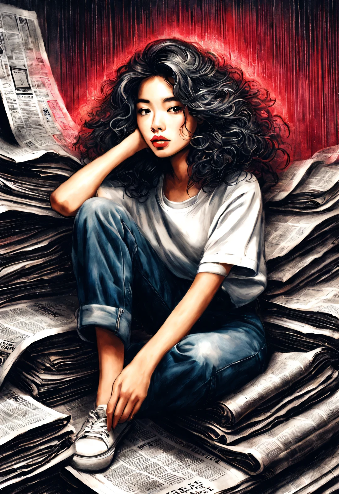 (Graphite painting), (A beautiful charming girl sits cross-legged on a mountain of old newspapers in the basement), (She is wearing a white crew neck shirt and jeans), A young and wild Asian face, Slightly mixed face shape, (Slightly square chin: 0.4), Messy and too long, Hard curly hair, Lazy, (perfect face), The slender eyes narrowed slightly, sports shoes, (Industrial lights on the roof emit a dim, weak red light: 1.34),
background: The basement is covered with many old newspapers and dilapidated walls, industrial style, retro shabby,
90's anime style, Bold silhouettes, Graphic arts, line art, black and white, line art with pen pressure, Pen pressure sketch, Calligraphy pen with pen pressure, G pen style，With pen pressure, Hand drawn thick lines, high contrast, IG model,