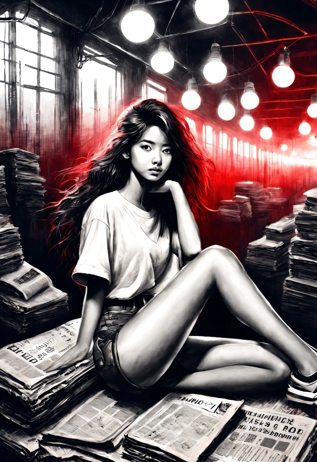 (Graphite painting), (A beautiful charming girl sits cross-legged on a mountain of old newspapers in the basement), (She is wearing a white crew neck shirt and jeans), A young and wild Asian face, Slightly mixed face shape, (Slightly square chin: 0.4), Messy and too long, Hard curly hair, Lazy, (perfect face), The slender eyes narrowed slightly, sports shoes, (Industrial lights on the roof emit a dim, weak red light: 1.34),
background: The basement is covered with many old newspapers and dilapidated walls, industrial style, retro shabby,
90's anime style, Bold silhouettes, Graphic arts, line art, black and white, line art with pen pressure, Pen pressure sketch, Calligraphy pen with pen pressure, G pen style，With pen pressure, Hand drawn thick lines, high contrast, IG model,