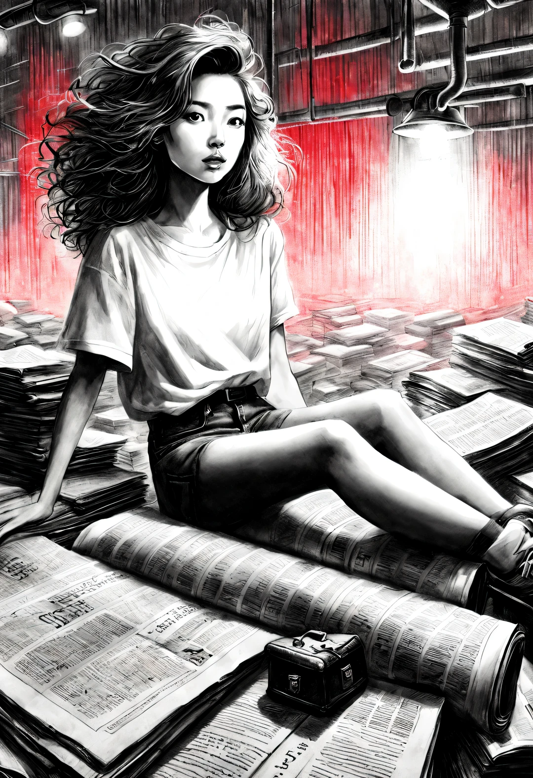 (Graphite painting), (A beautiful charming girl sits cross-legged on a mountain of old newspapers in the basement), (She is wearing a white crew neck shirt and jeans), A young and wild Asian face, Slightly mixed face shape, (Slightly square chin: 0.4), Messy and too long, Hard curly hair, Lazy, (perfect face), The slender eyes narrowed slightly, sports shoes, (Industrial lights on the roof emit a dim, weak red light: 1.34),
background: The basement is filled with old newspapers and books, Lots of old briefcases and glasses flying around, The old wall is dilapidated, Industrial style retro shabby,
90's anime style, Bold silhouettes, Graphic arts, line art, black and white, line art with pen pressure, Pen pressure sketch, Calligraphy pen with pen pressure, G pen style，With pen pressure, Hand drawn thick lines, high contrast, IG model,