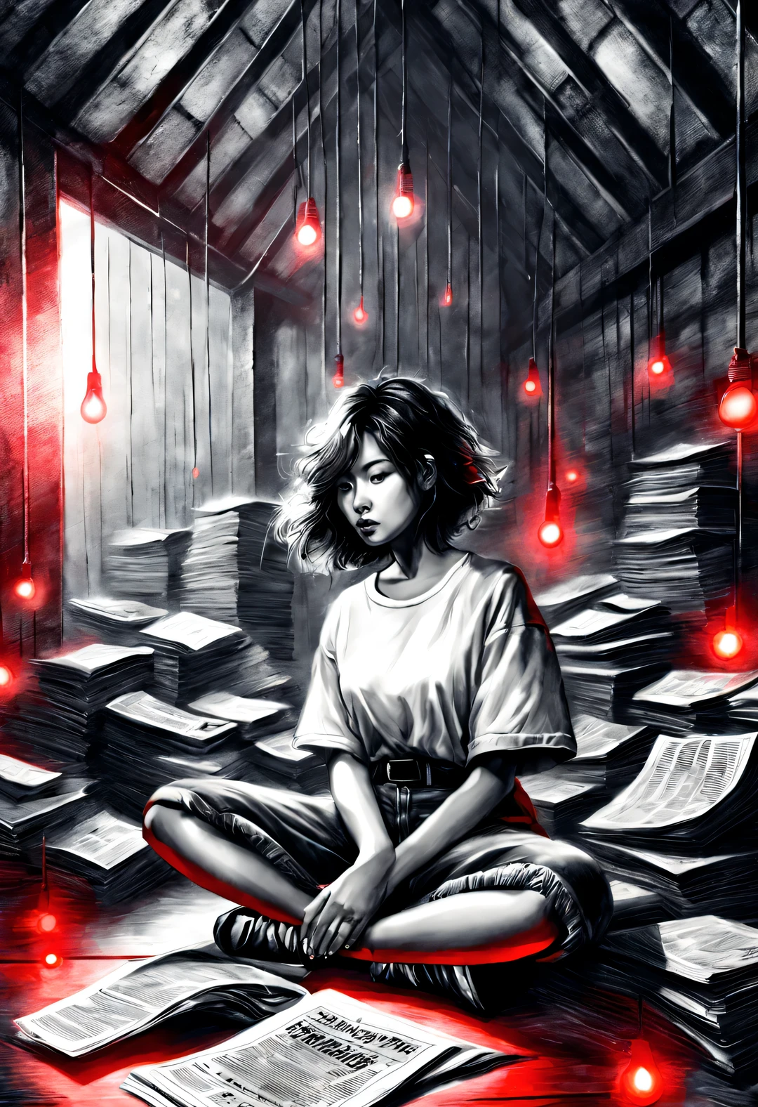 (Graphite painting), (A beautiful charming girl sits cross-legged on a mountain of old newspapers in the basement), (She is wearing a white crew neck shirt and jeans), A young and wild Asian face, Slightly mixed face shape, (Slightly square chin: 0.4), (Messy and too long, Curly short hair), decadent and lazy, (perfect face), Slightly narrowed slender eyes, sports shoes, (Industrial lights on the roof emit a dim, weak red light: 1.34),
background: The basement is filled with old newspapers and books, Lots of old briefcases and glasses flying around, The old wall is dilapidated, Industrial style retro shabby,
90's anime style, Bold silhouettes, Graphic arts, line art, black and white, line art with pen pressure, Pen pressure sketch, Calligraphy pen with pen pressure, G pen style，With pen pressure, Hand drawn thick lines, high contrast, IG model,