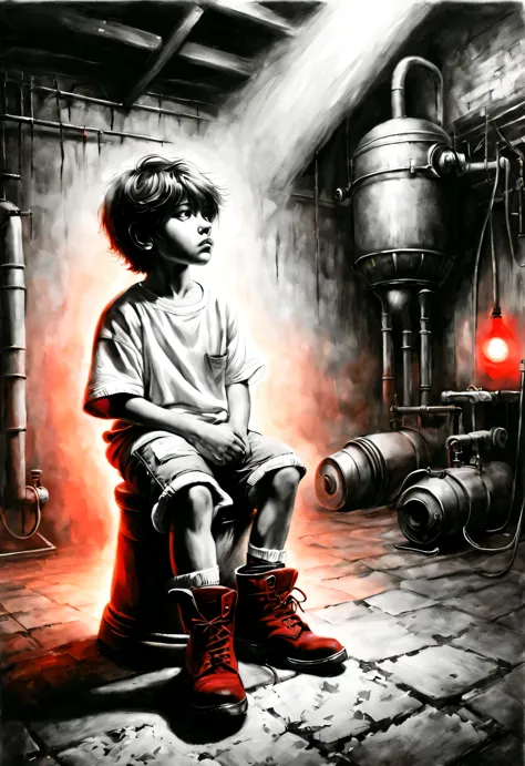 (Graphite painting), (Boy sitting cross-legged in basement，Staring at a big old iron pot), (There is an oversized knife in the o...
