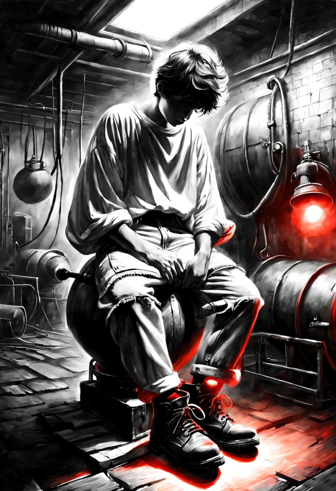 (Graphite painting), (Boy sitting cross-legged in basement，Staring at a big old iron pot), (There is an oversized knife in the old old iron pot: 1.2) (Wearing a white crew neck shirt and jeans), (stubbornly curled up into a short), decadent and lazy, (perfect face), moving shoes, (Industrial lights on the roof emit a faint red light: 1.34),
background: many, Many old bottles and glasses flew in the basement, The walls are tattered, industrial style, retro shabby,
90's anime style, Bold silhouettes, Graphic arts, line art, black and white, line art with pen pressure, Pen pressure sketch, Calligraphy pen with pen pressure, G pen style，With pen pressure, Hand drawn thick lines, high contrast, ig model,