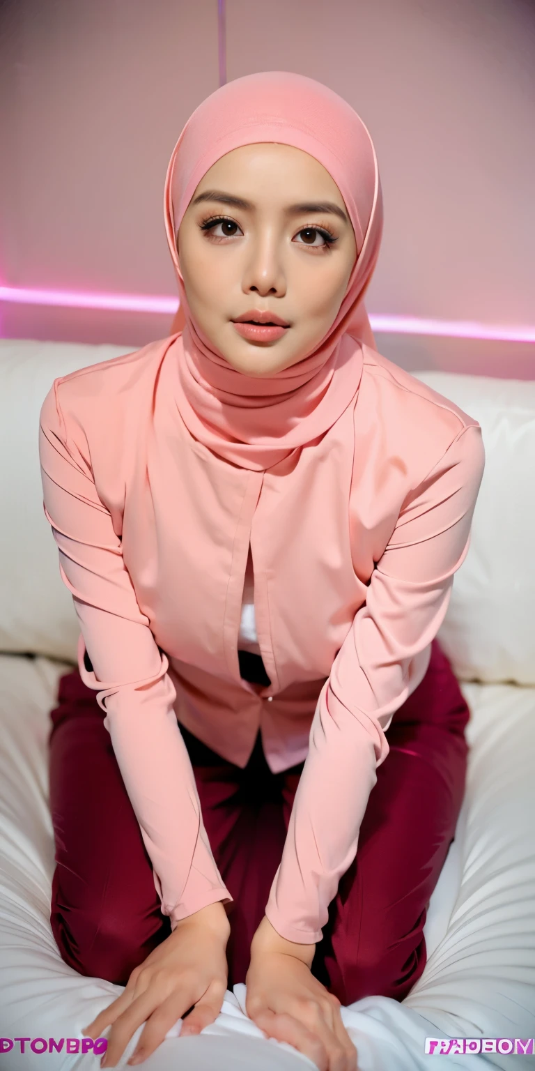 A close up of a woman in a pink hijab sitting on a bed - SeaArt AI