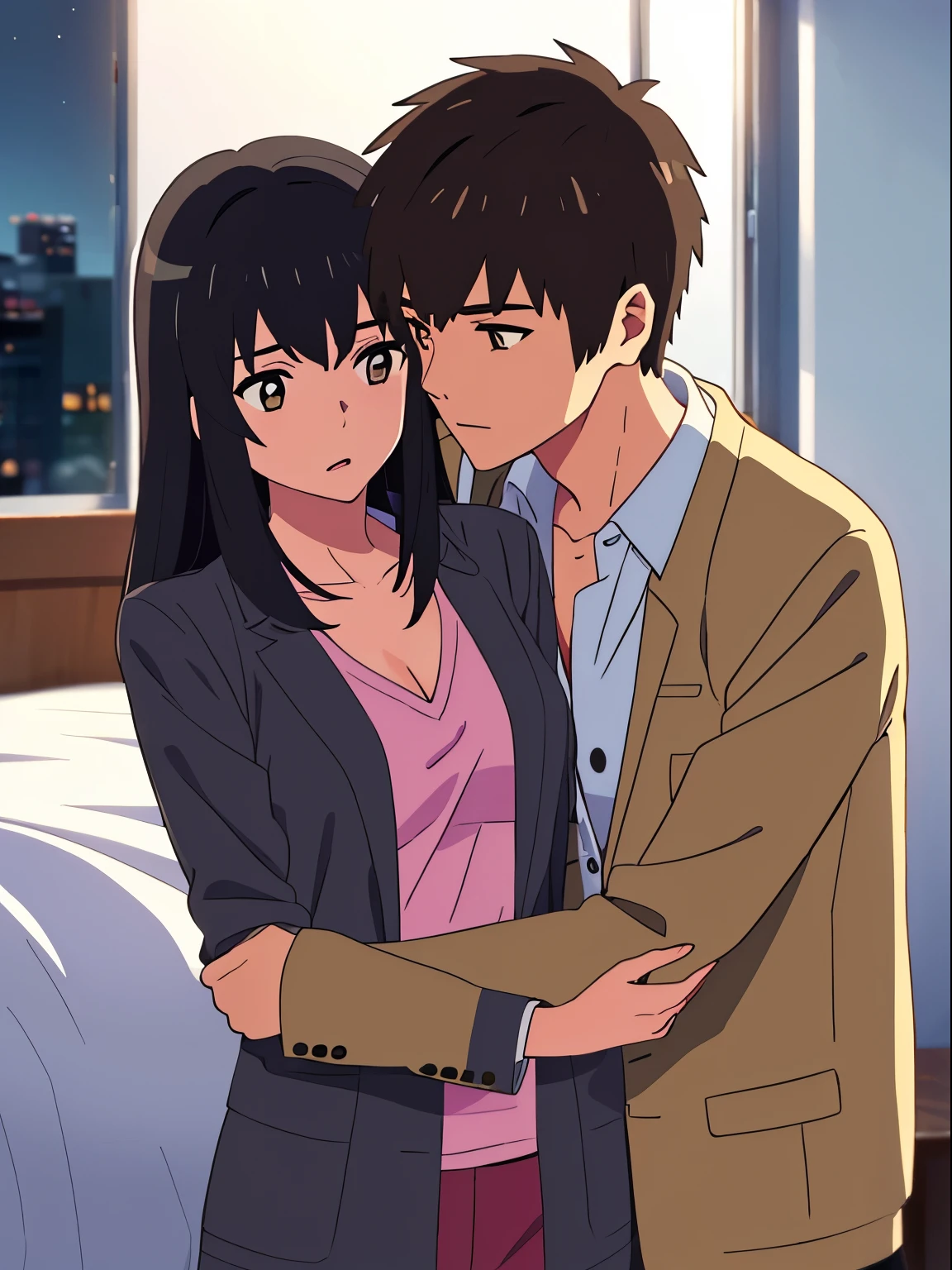 Anime couple hugging in a bedroom with city lights in the background -  SeaArt AI