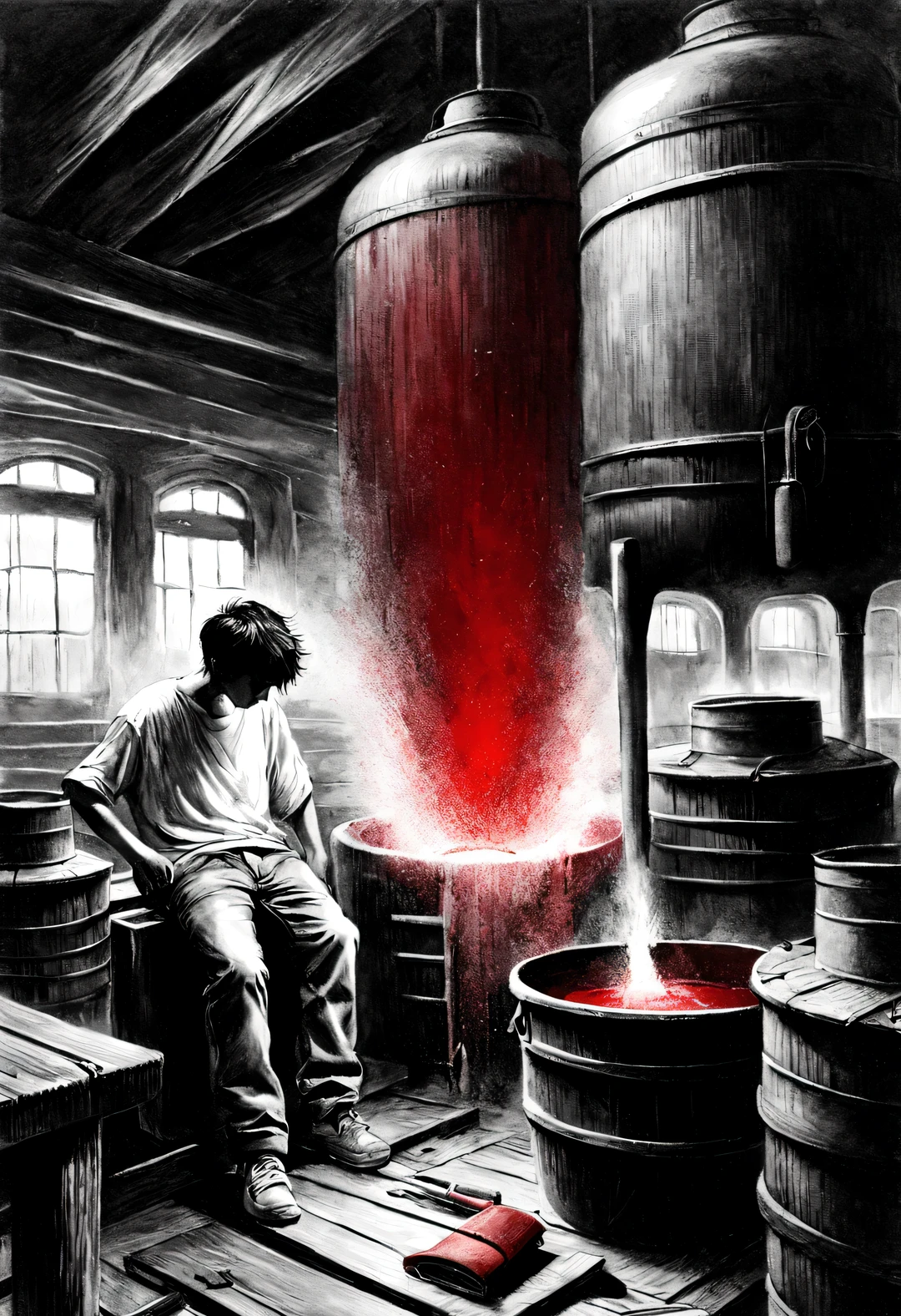 (Graphite painting), (A big old iron pot is boiling red water in the basement), There was a boy next to him, (There is a huge knife stuck in the broken iron pot: 1.2), (The boy stares at the cauldron: 0.9), (Wearing a white crew neck shirt and jeans), Rugged and curly short), decadent and lazy, (perfect face), sports shoes, (Industrial lights on the roof emit a dim, weak red light: 1.34),
background: many, Many old bottles and glasses flew in the basement, The walls are tattered, industrial style, retro shabby,
90's anime style, Bold silhouettes, Graphic arts, line art, black and white, line art with pen pressure, Pen pressure sketch, Calligraphy pen with pen pressure, G pen style，With pen pressure, Hand drawn thick lines, high contrast, ig model,