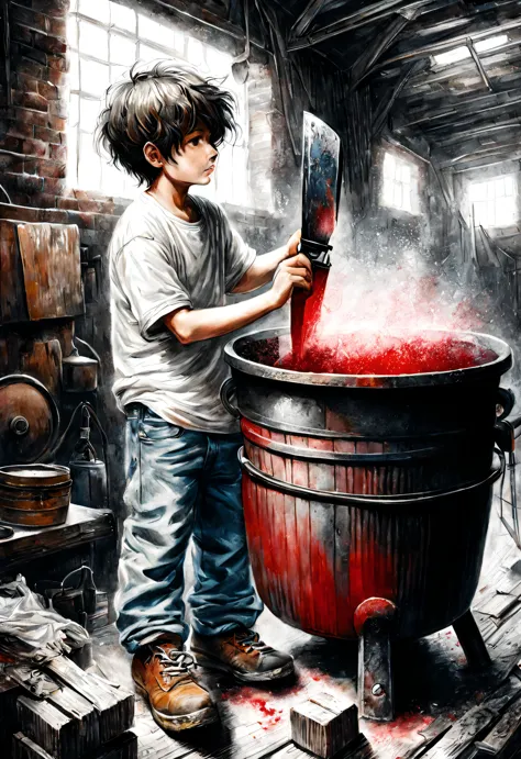 (Graphite painting), (A big old iron pot is boiling red water in the basement), There was a boy next to him, (There is a huge kn...