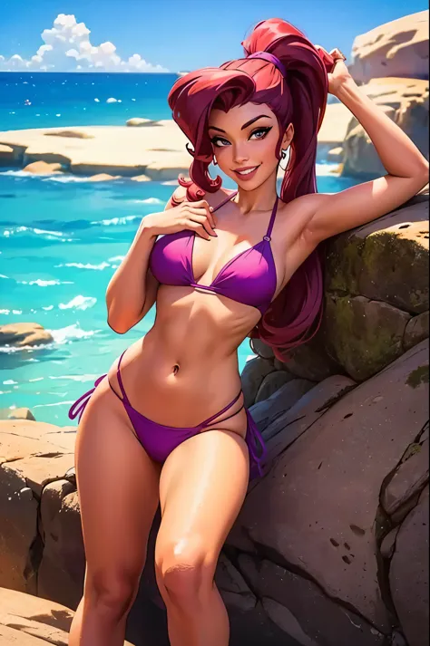 Megara (bikini) at a rocky beach, smiling, fun ((masterpiece)) ((best quality)) ((highly detailed))